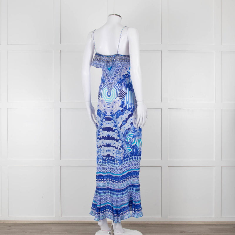 Camilla Blue and White Silk Patterned Jewelled Maxi  Dress
