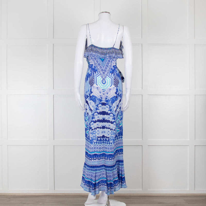 Camilla Blue and White Silk Patterned Jewelled Maxi  Dress