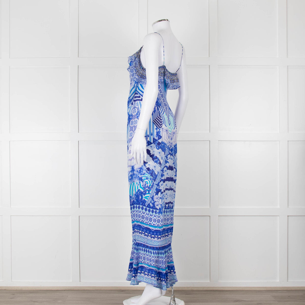 Camilla Blue and White Silk Patterned Jewelled Maxi  Dress
