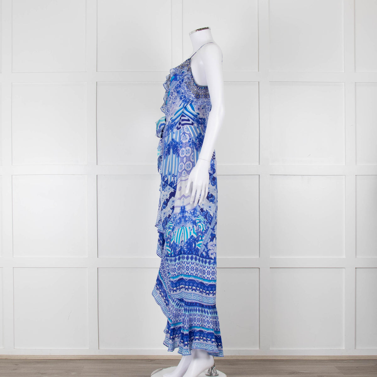 Camilla Blue and White Silk Patterned Jewelled Maxi  Dress