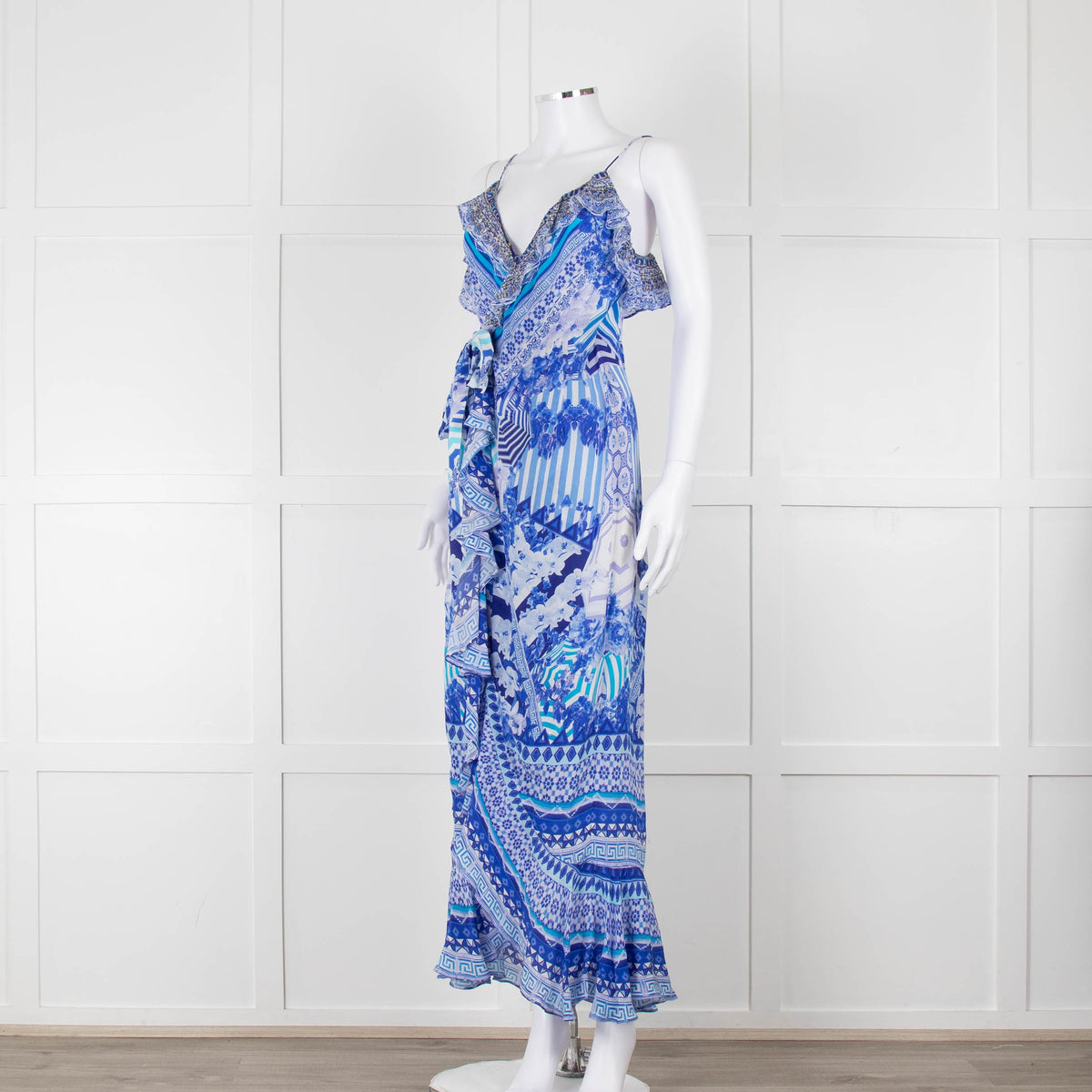 Camilla Blue and White Silk Patterned Jewelled Maxi  Dress
