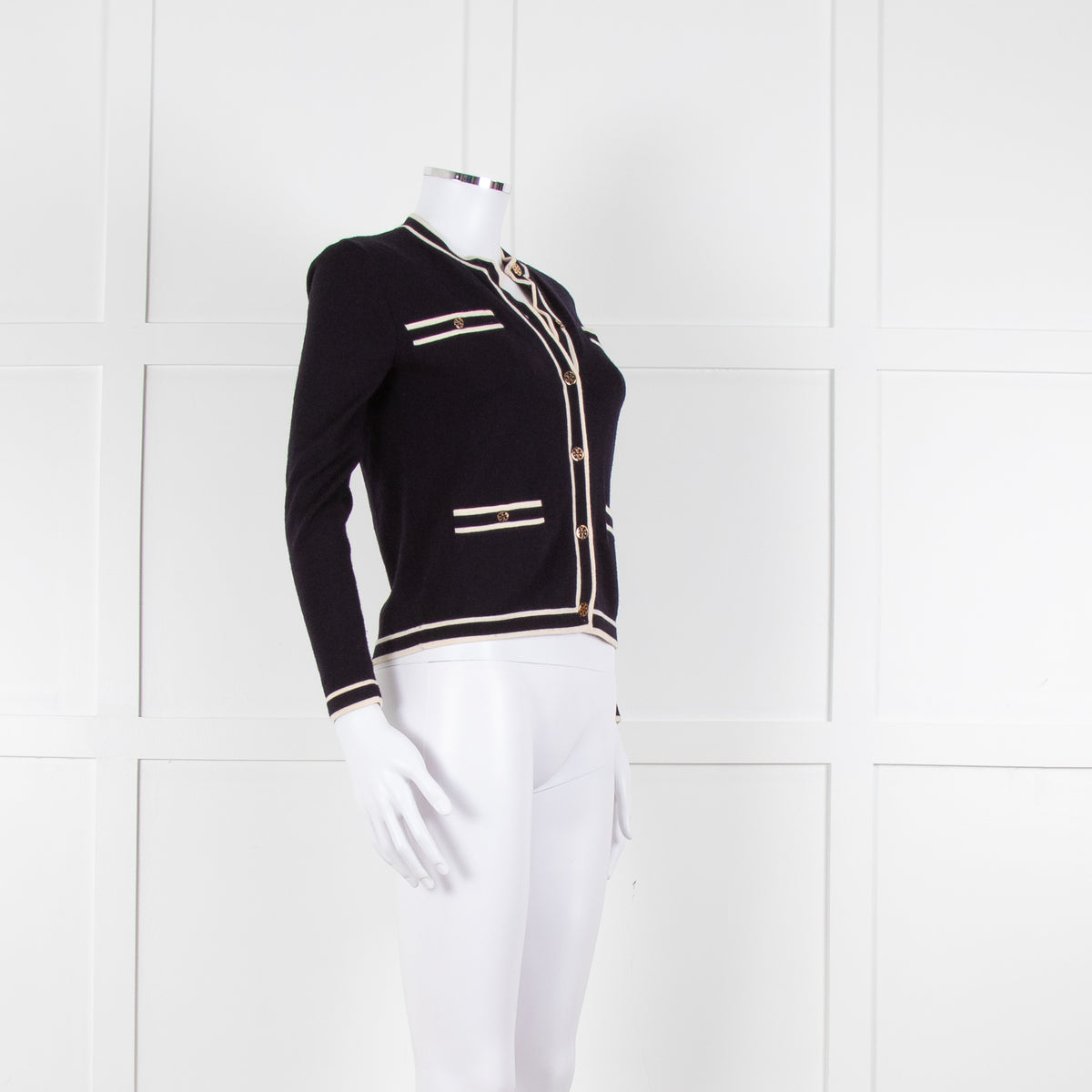 Tory Burch Navy Blue Cream Trim Knitted  Merino Wool Cardigan
