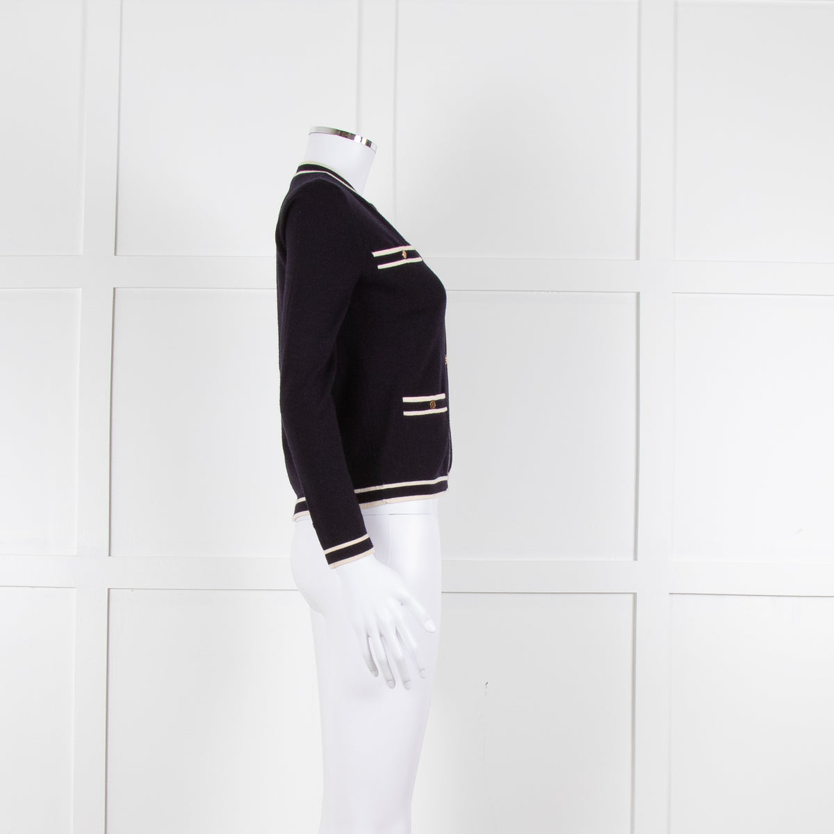 Tory Burch Navy Blue Cream Trim Knitted  Merino Wool Cardigan