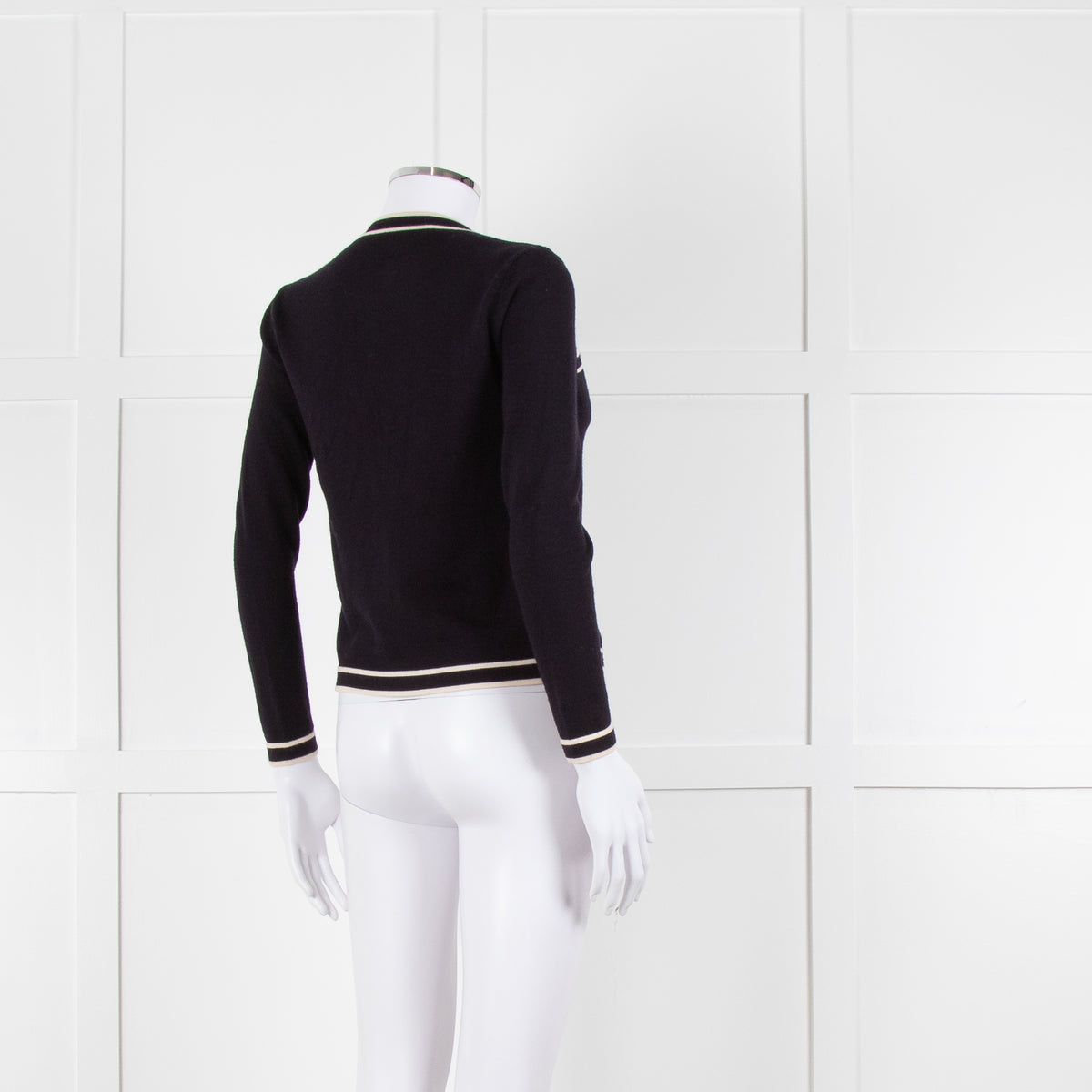 Tory Burch Navy Blue Cream Trim Knitted  Merino Wool Cardigan