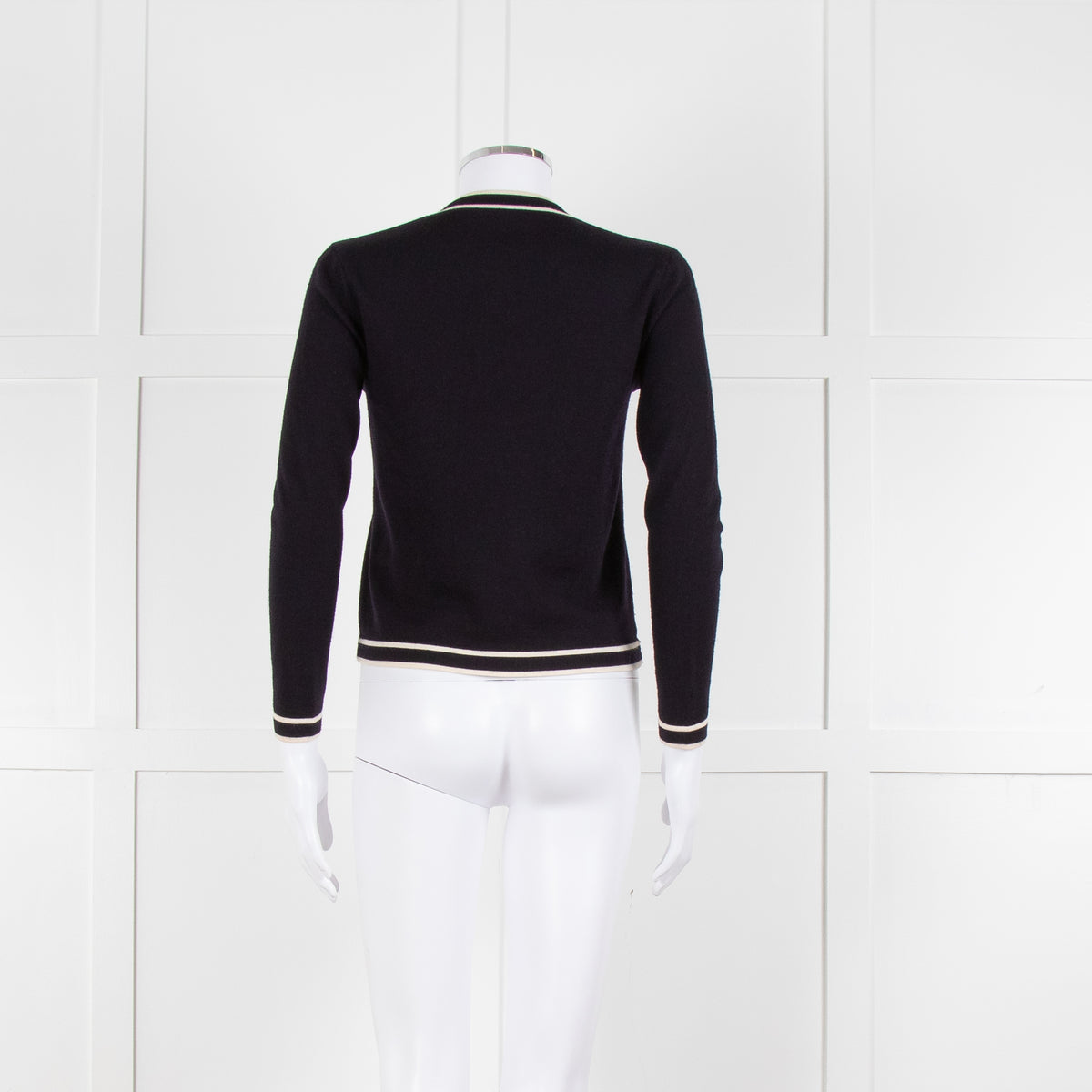 Tory Burch Navy Blue Cream Trim Knitted  Merino Wool Cardigan