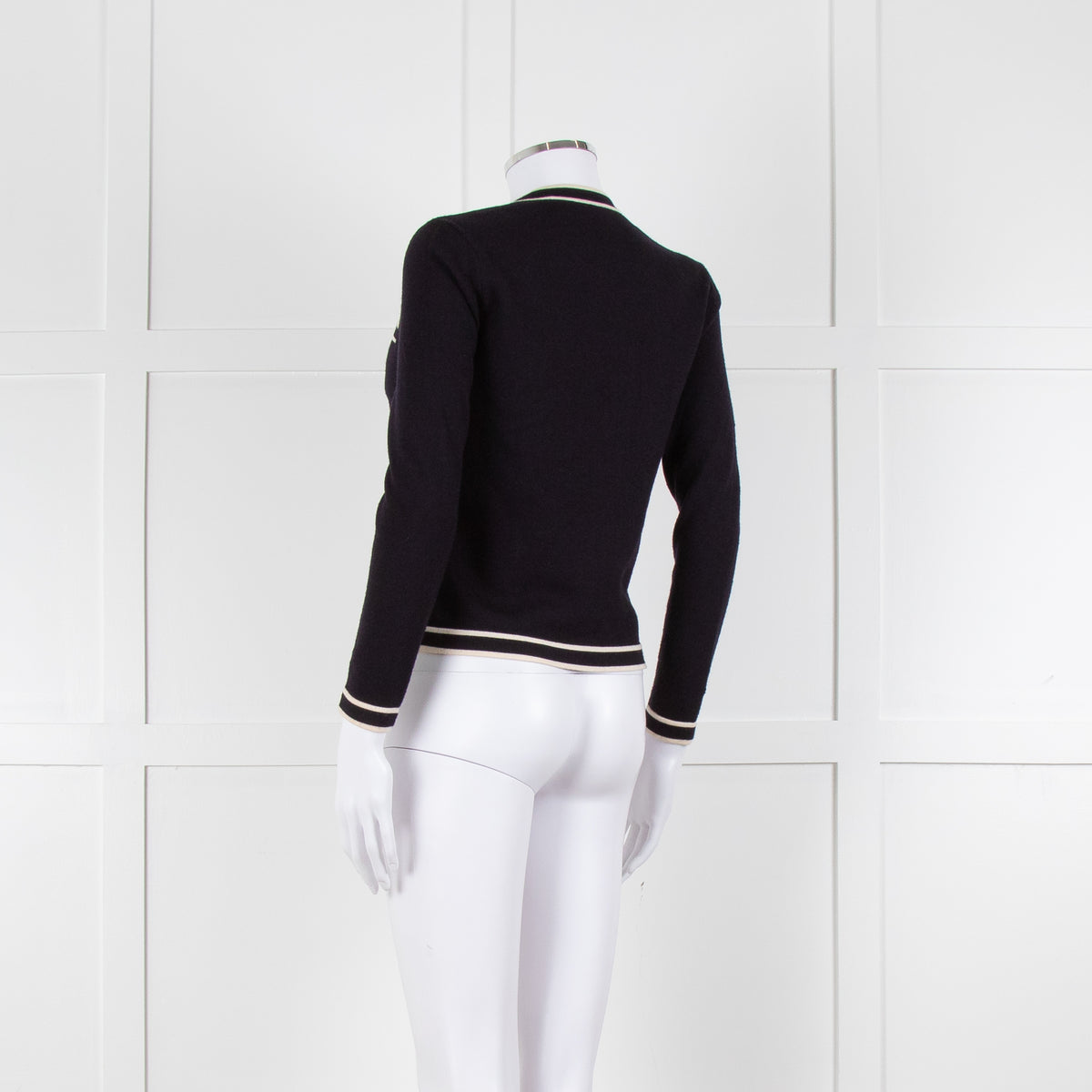 Tory Burch Navy Blue Cream Trim Knitted  Merino Wool Cardigan