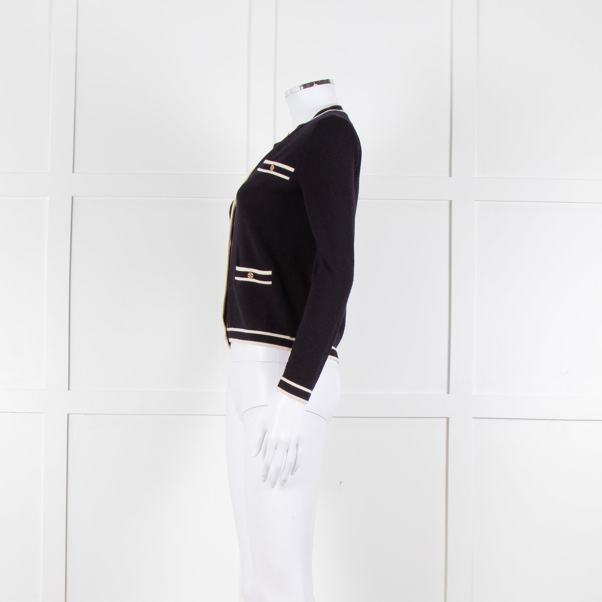 Tory Burch Navy Blue Cream Trim Knitted  Merino Wool Cardigan