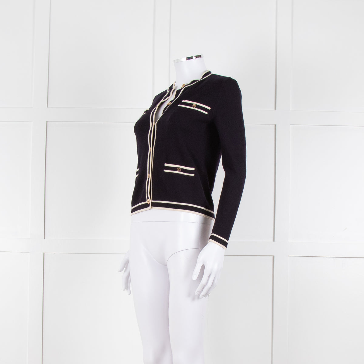 Tory Burch Navy Blue Cream Trim Knitted  Merino Wool Cardigan