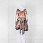 Camilla Silk Playsuit in Red and Black Pattern with Belted Waist