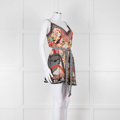 Camilla Silk Playsuit in Red and Black Pattern with Belted Waist