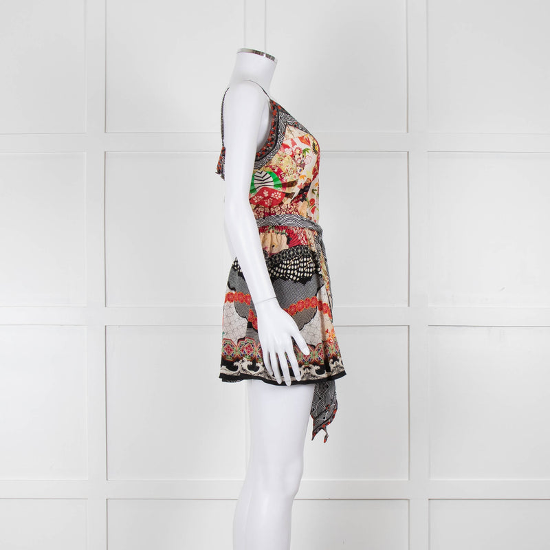 Camilla Silk Playsuit in Red and Black Pattern with Belted Waist