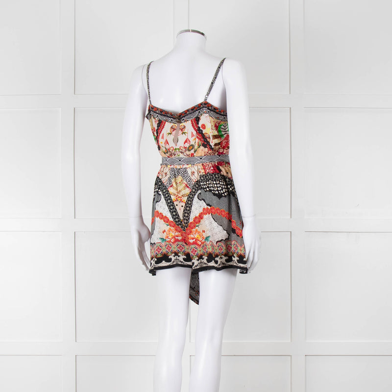 Camilla Silk Playsuit in Red and Black Pattern with Belted Waist