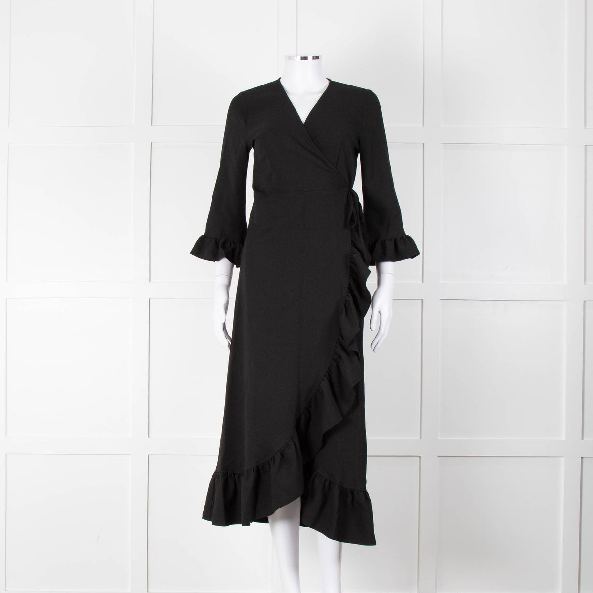 Ganni Black Crepe Frill Wrap Around Dress