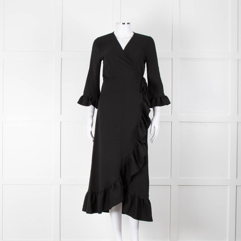 Ganni Black Crepe Frill Wrap Around Dress