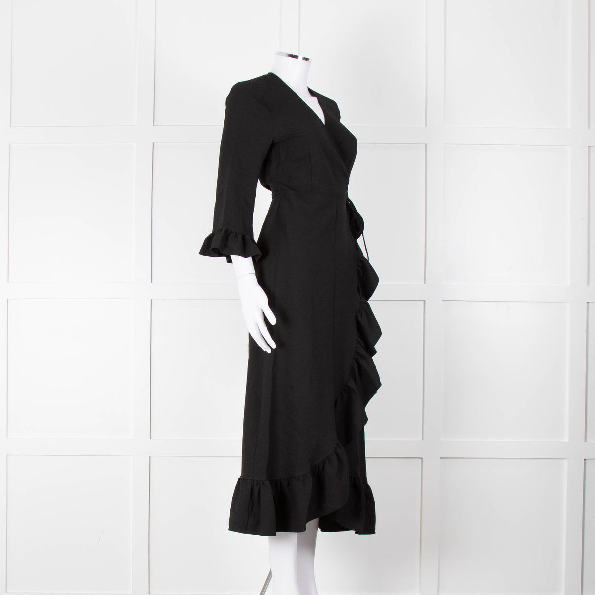 Ganni Black Crepe Frill Wrap Around Dress