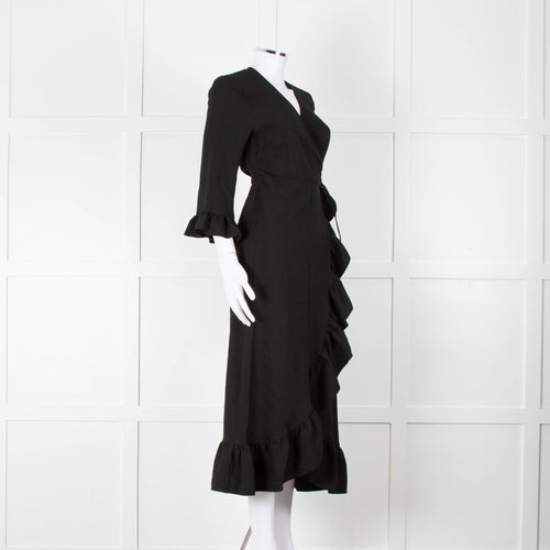 Ganni Black Crepe Frill Wrap Around Dress