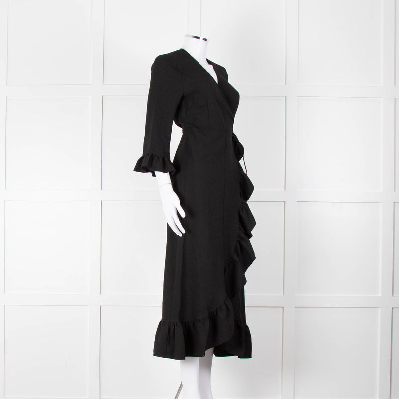 Ganni Black Crepe Frill Wrap Around Dress
