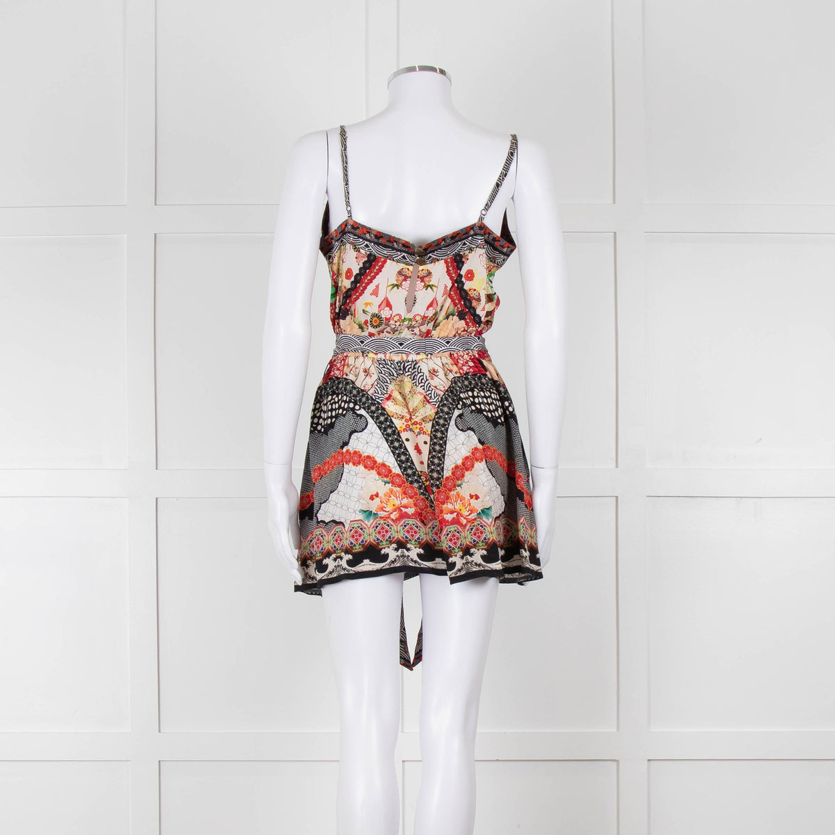 Camilla Silk Playsuit in Red and Black Pattern with Belted Waist