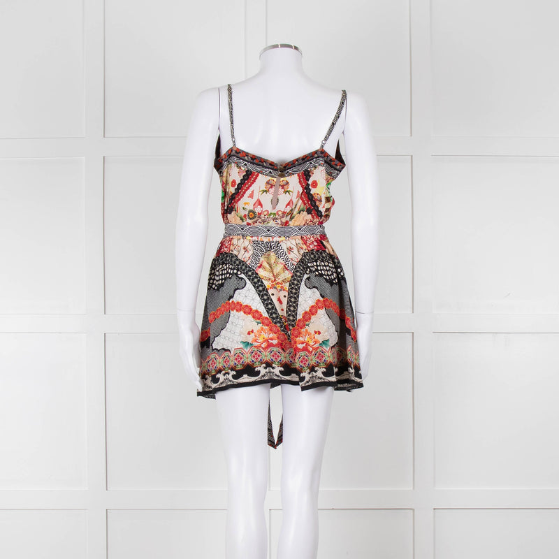 Camilla Silk Playsuit in Red and Black Pattern with Belted Waist