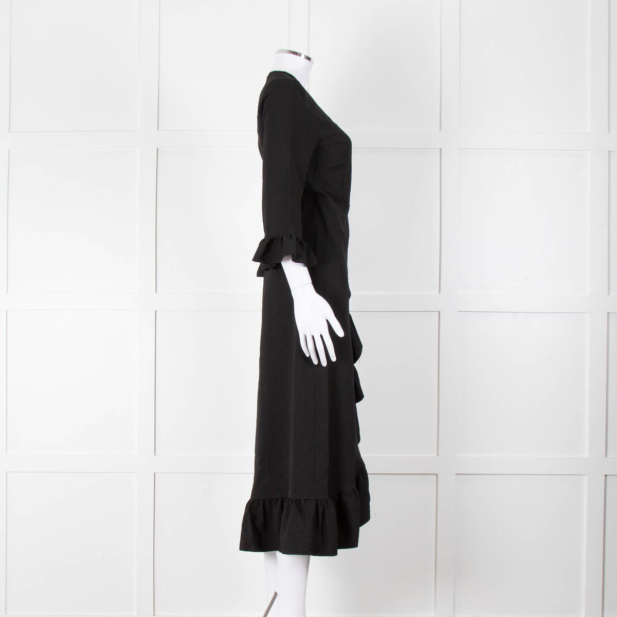 Ganni Black Crepe Frill Wrap Around Dress