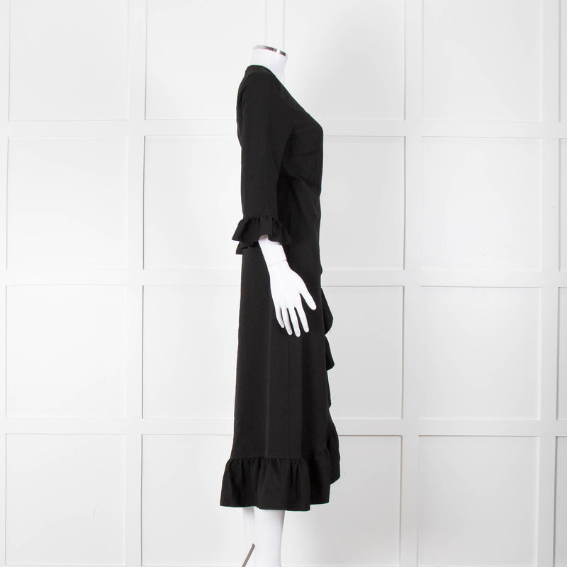 Ganni Black Crepe Frill Wrap Around Dress