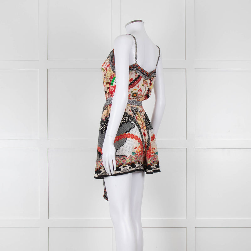 Camilla Silk Playsuit in Red and Black Pattern with Belted Waist