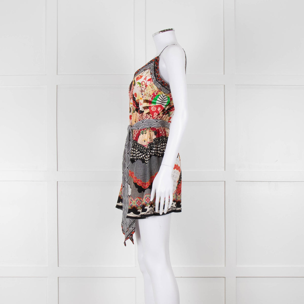 Camilla Silk Playsuit in Red and Black Pattern with Belted Waist