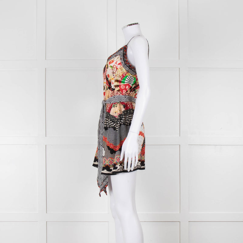 Camilla Silk Playsuit in Red and Black Pattern with Belted Waist