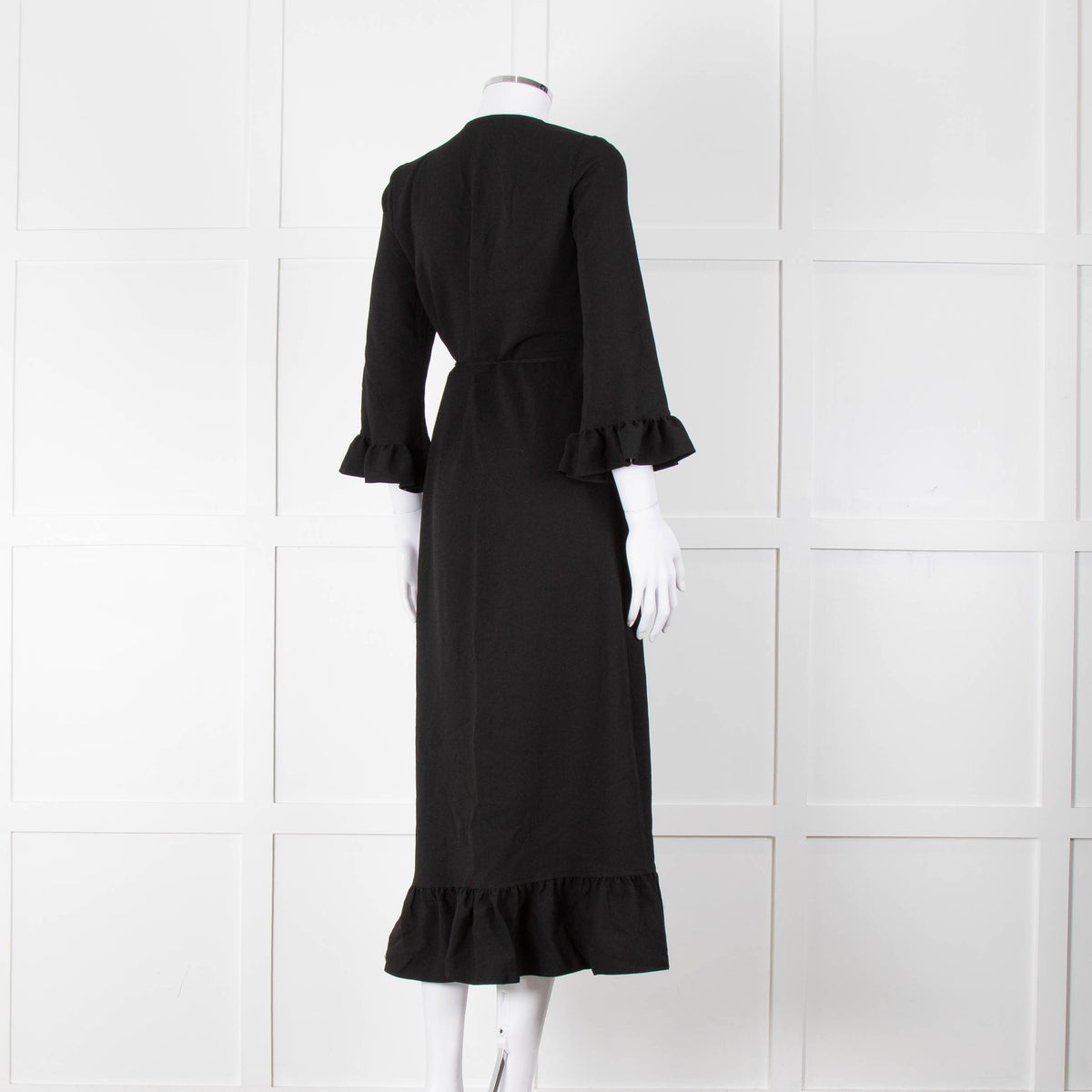 Ganni Black Crepe Frill Wrap Around Dress