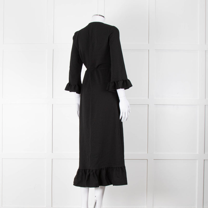 Ganni Black Crepe Frill Wrap Around Dress