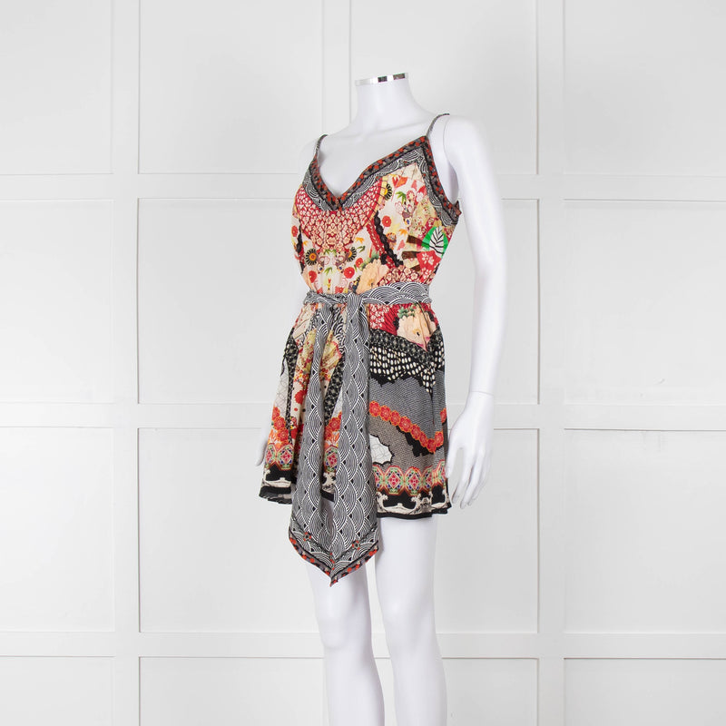Camilla Silk Playsuit in Red and Black Pattern with Belted Waist