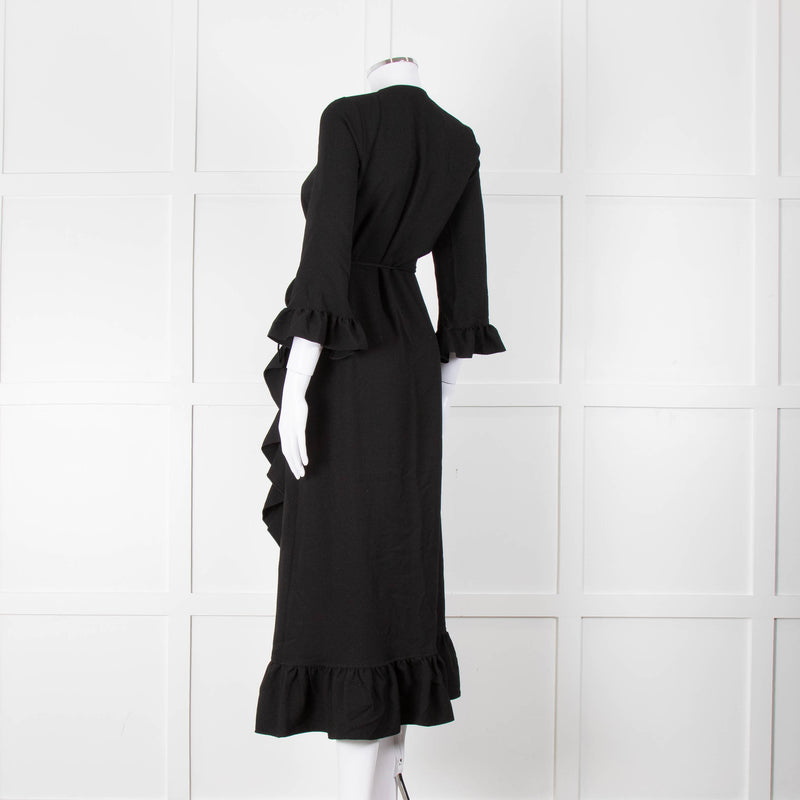 Ganni Black Crepe Frill Wrap Around Dress