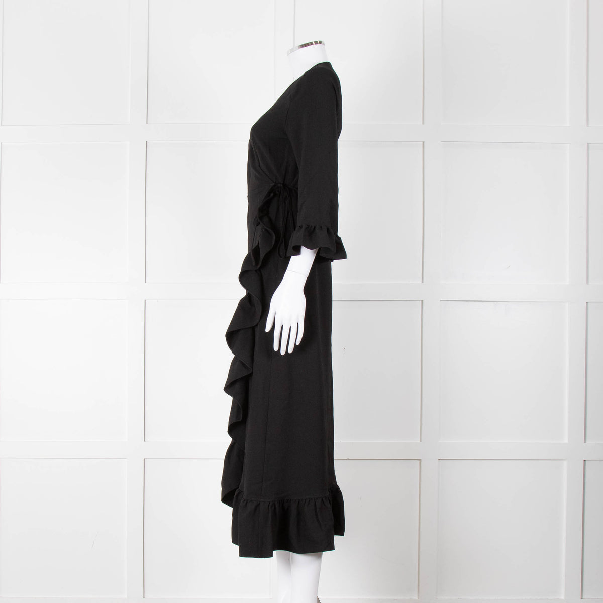Ganni Black Crepe Frill Wrap Around Dress