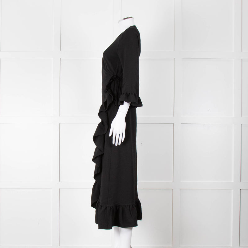 Ganni Black Crepe Frill Wrap Around Dress