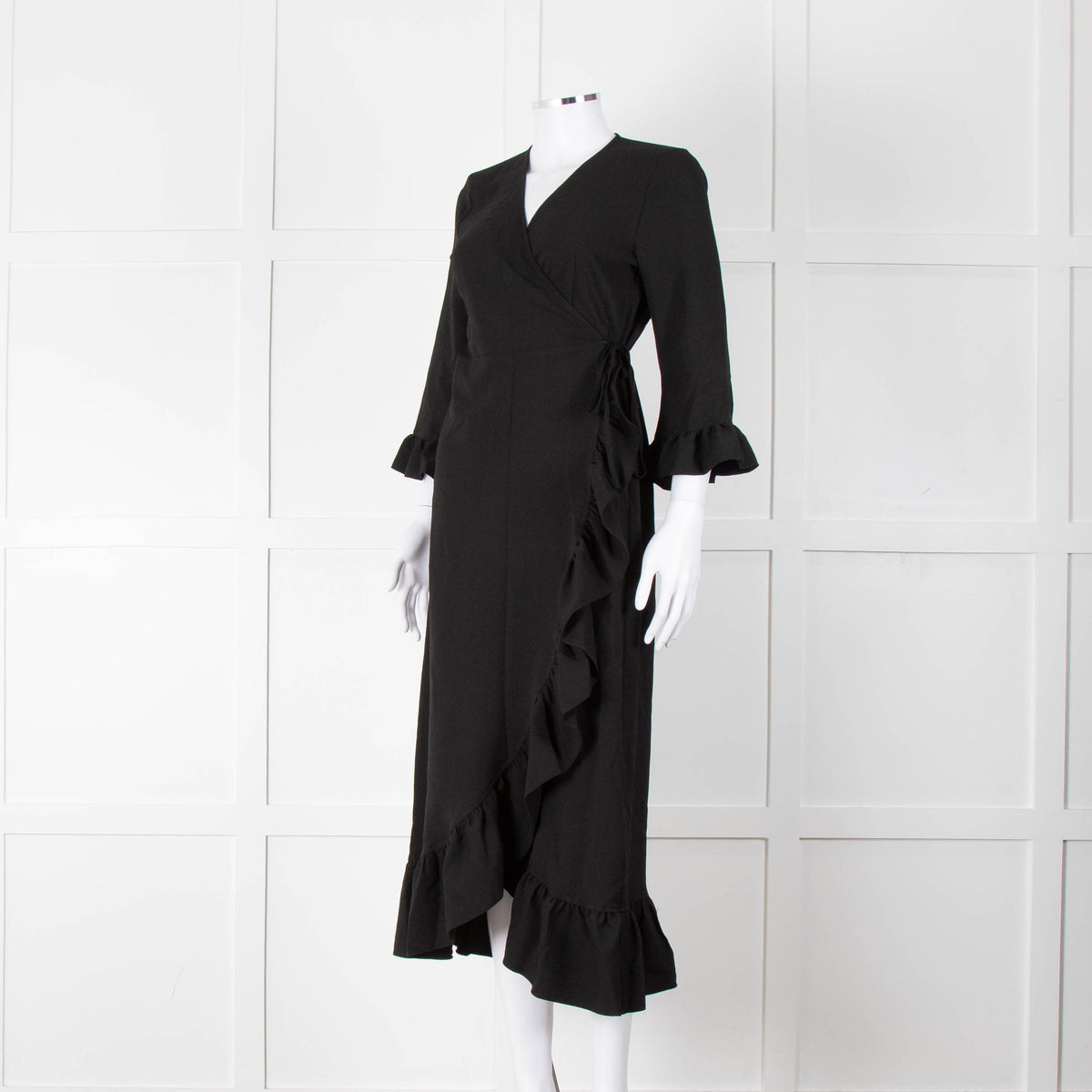 Ganni Black Crepe Frill Wrap Around Dress