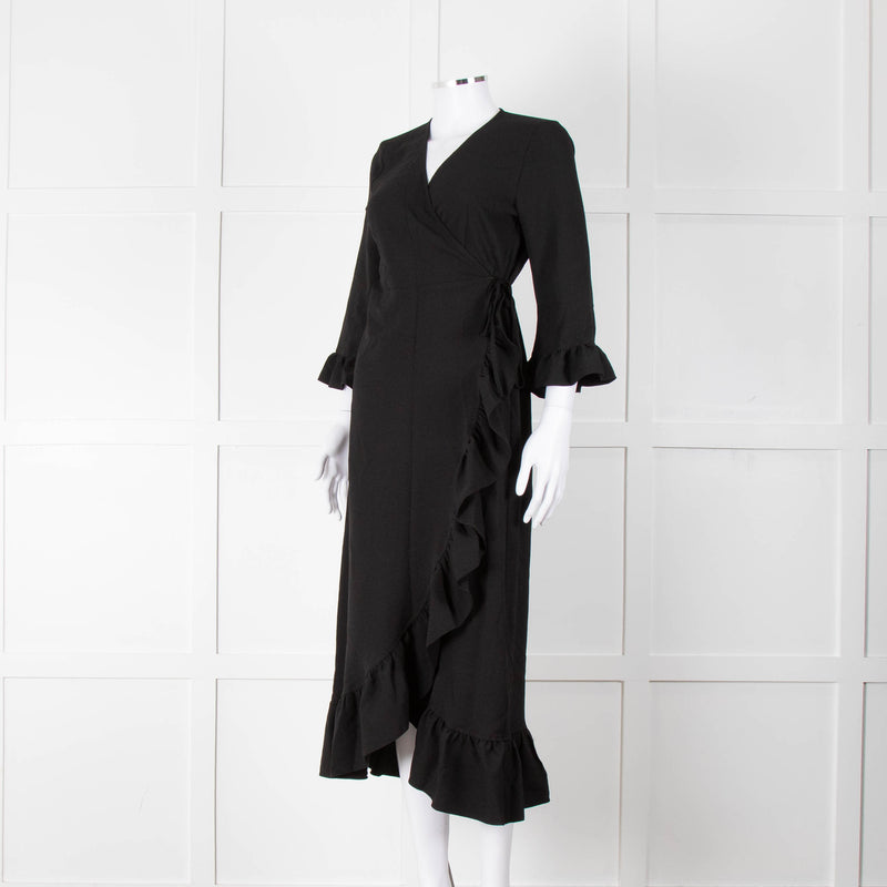 Ganni Black Crepe Frill Wrap Around Dress