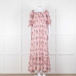 LoveShackFancy Pink Silk Chiffon Flower Print Off The Shoulder Ruffle Maxi Dress