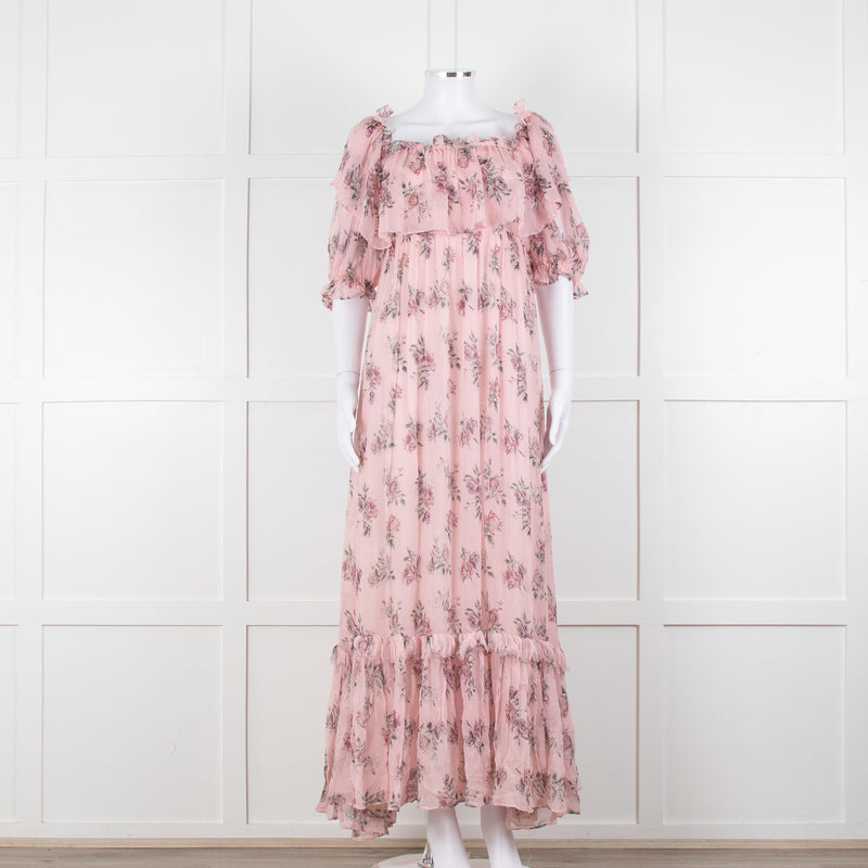 LoveShackFancy Pink Silk Chiffon Flower Print Off The Shoulder Ruffle Maxi Dress