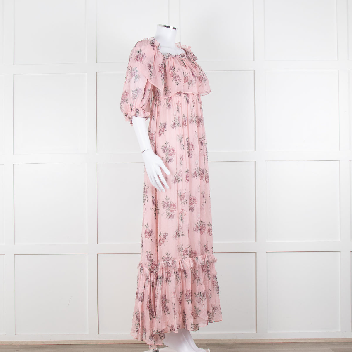 LoveShackFancy Pink Silk Chiffon Flower Print Off The Shoulder Ruffle Maxi Dress