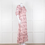 LoveShackFancy Pink Silk Chiffon Flower Print Off The Shoulder Ruffle Maxi Dress