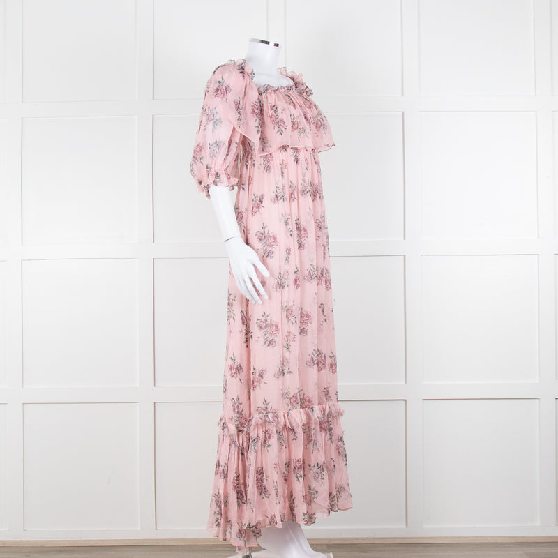 LoveShackFancy Pink Silk Chiffon Flower Print Off The Shoulder Ruffle Maxi Dress