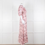 LoveShackFancy Pink Silk Chiffon Flower Print Off The Shoulder Ruffle Maxi Dress