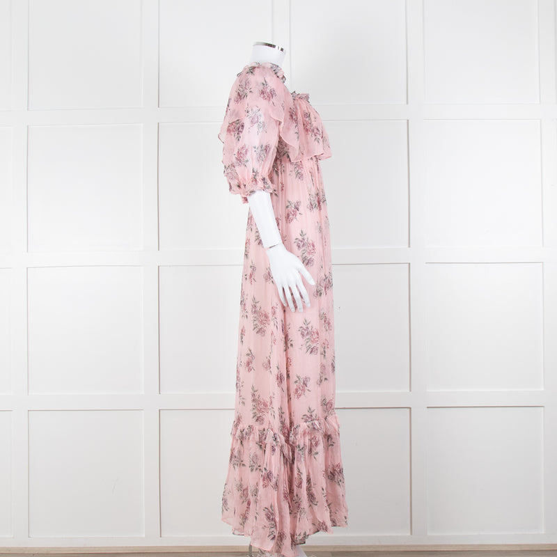 LoveShackFancy Pink Silk Chiffon Flower Print Off The Shoulder Ruffle Maxi Dress