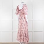 LoveShackFancy Pink Silk Chiffon Flower Print Off The Shoulder Ruffle Maxi Dress