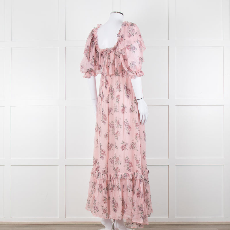 LoveShackFancy Pink Silk Chiffon Flower Print Off The Shoulder Ruffle Maxi Dress