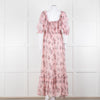 LoveShackFancy Pink Silk Chiffon Flower Print Off The Shoulder Ruffle Maxi Dress