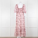 LoveShackFancy Pink Silk Chiffon Flower Print Off The Shoulder Ruffle Maxi Dress