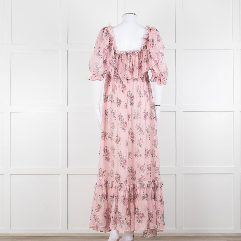 LoveShackFancy Pink Silk Chiffon Flower Print Off The Shoulder Ruffle Maxi Dress