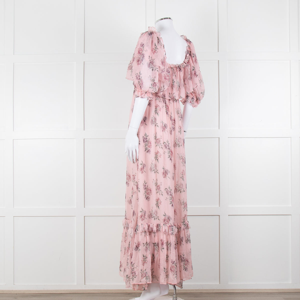 LoveShackFancy Pink Silk Chiffon Flower Print Off The Shoulder Ruffle Maxi Dress