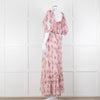 LoveShackFancy Pink Silk Chiffon Flower Print Off The Shoulder Ruffle Maxi Dress